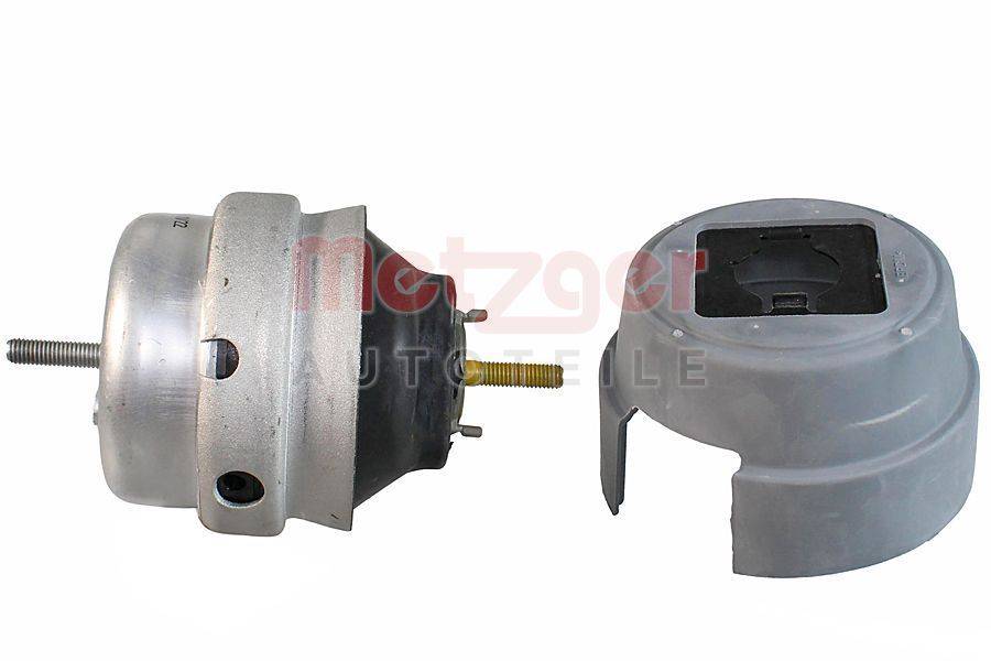 Ein Turbolader-Wastegate-Aktuator von Metzger, mit einem silbernen zylindrischen Körper und mechanischen Komponenten, vor einem einfarbigen Hintergrund dargestellt.