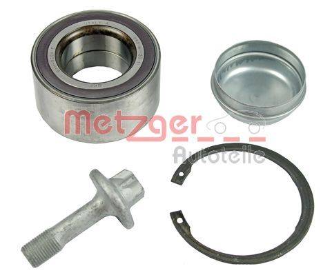 Radlager-Set von 'Metzger Autoteile' mit Radlager, Abdeckung, Schraube und Sicherungsring präsentiert.