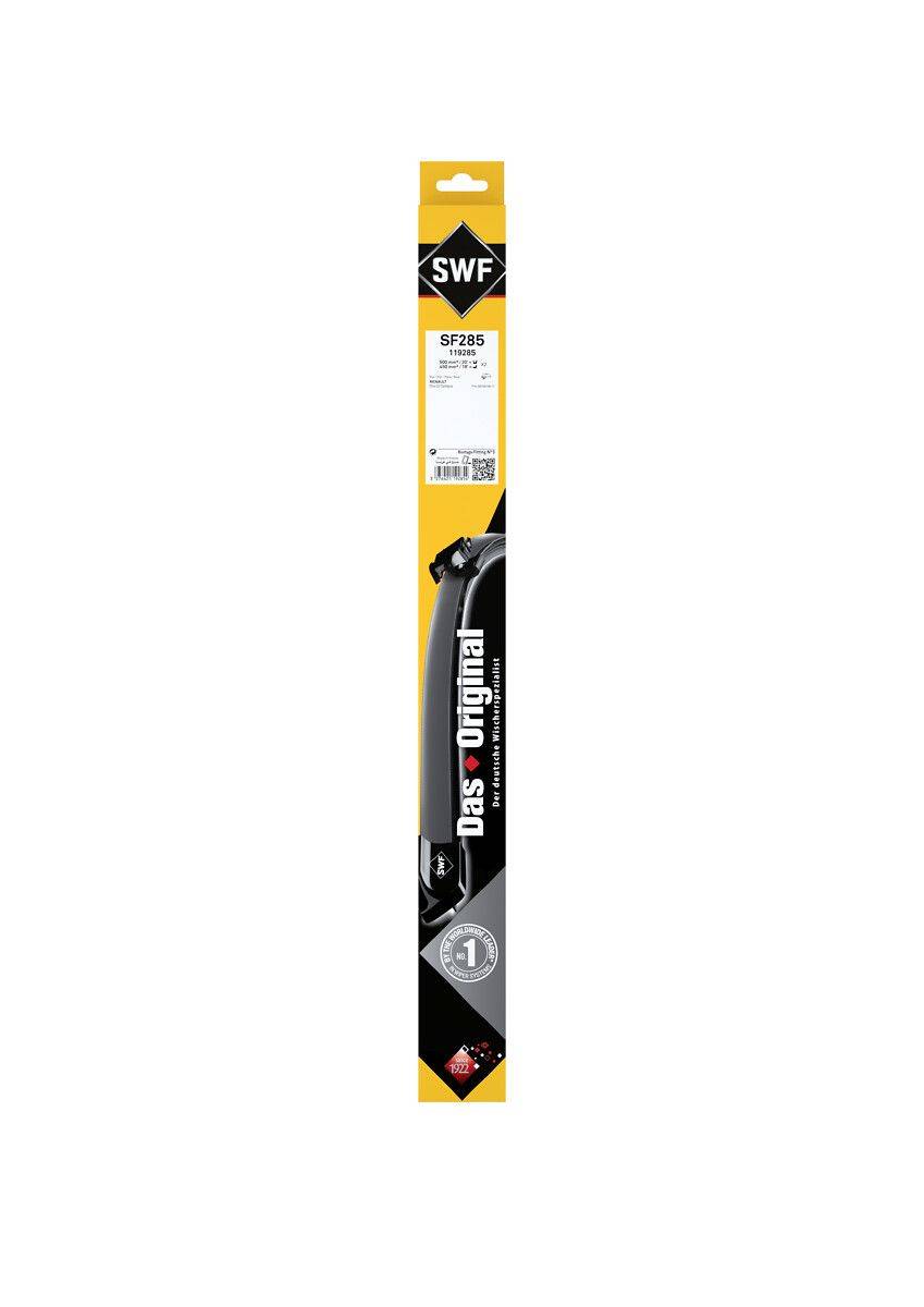 SWF' Wischerblatt-Verpackung mit Modell 'SF285'. Schwarzer Hintergrund mit gelber Beschriftung und 'Das Original' Text. Geeignet für die Präsentation von Autopflegeprodukten.