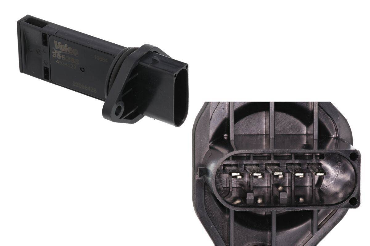 Ein schwarzer Autosensor mit Anschlussbolzen wird aus zwei Perspektiven gezeigt, wobei sowohl die Außenansicht als auch detaillierte Nahaufnahmen der Bolzen zu sehen sind.