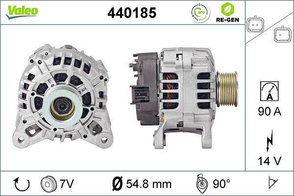 Lichtmaschinenmodell 440185, mit Vorder- und Seitenansicht und Spezifikationen: 7V, 54,8 mm Durchmesser, 90°. Umweltfreundlich zertifiziert.