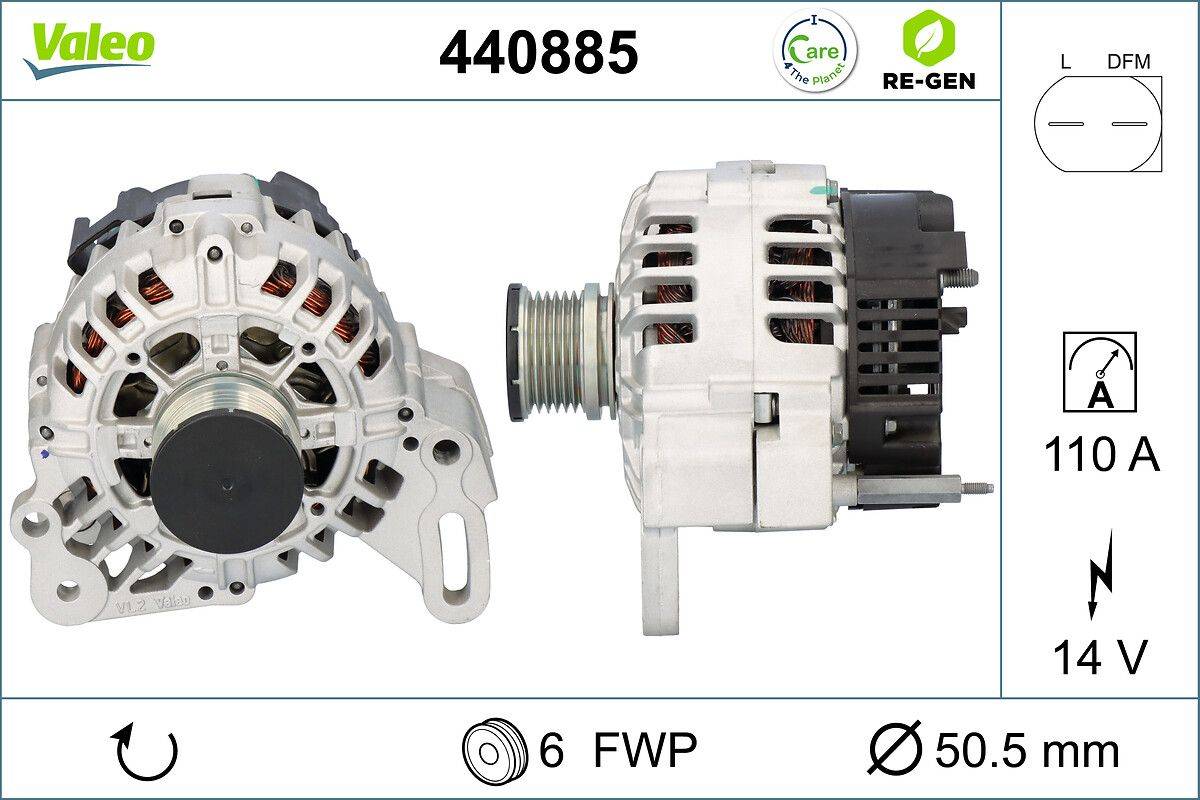 Bild eines Fahrzeug-Lichtmaschinengenerators mit der Teilenummer 440885, das Front- und Seitenansichten zeigt. Enthält Symbole, die Folgendes anzeigen: kreisförmiges Design, regenerative Funktion, 6-Volt-Kompatibilität.