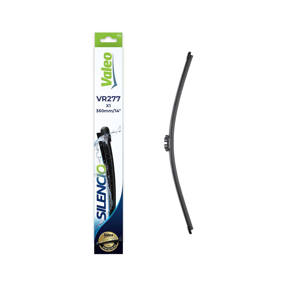 Schachtel und einzelner Scheibenwischer gezeigt. Schachtel beschriftet mit 'Valeo', 'VR277', '360mm/14