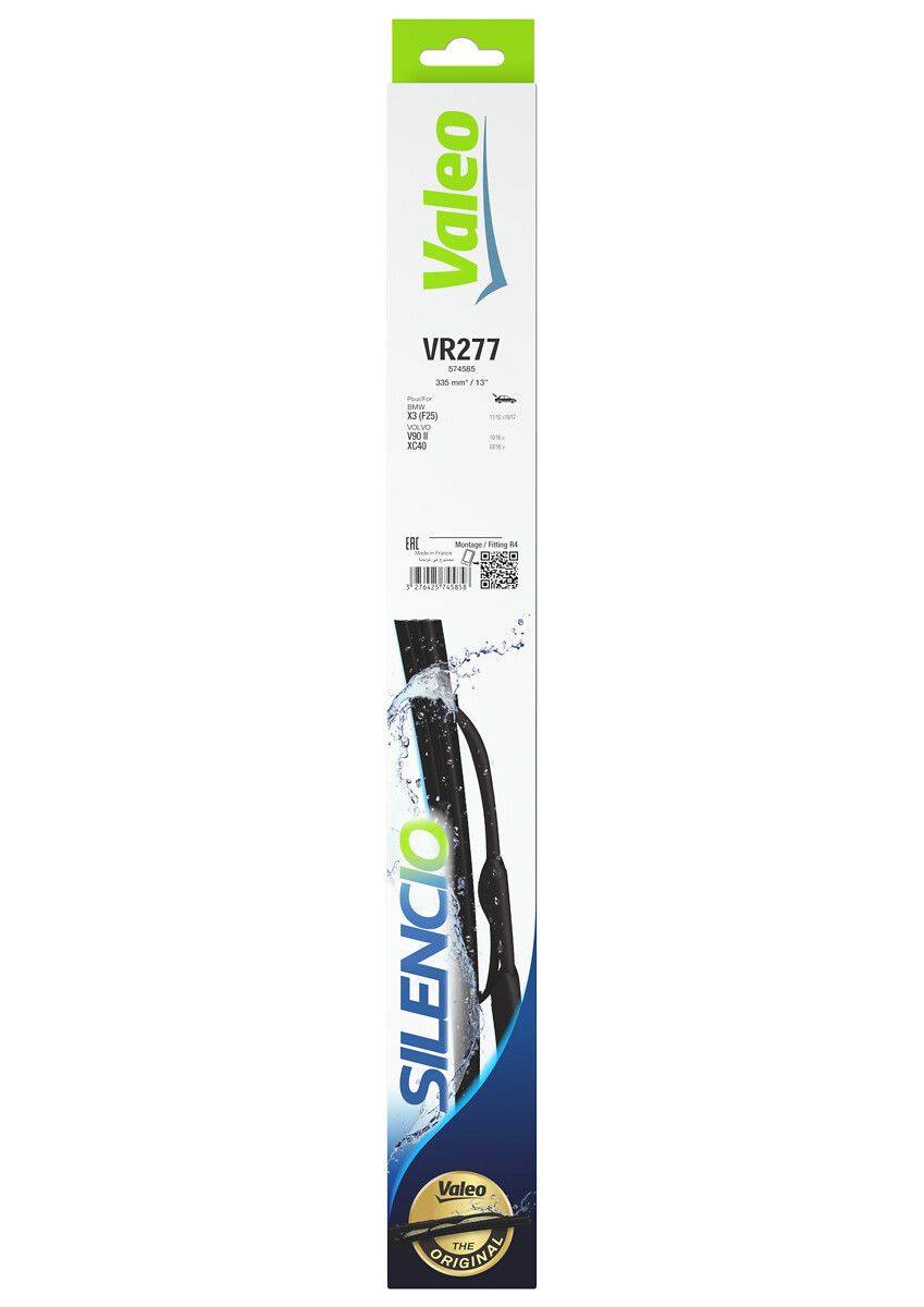 Paket einer 'Valeo' Scheibenwischerblatt, Modell 'VR277', Größe '700 + 575 mm'. Bild des Wischerblatts zeigt Produktdesign und Passform.