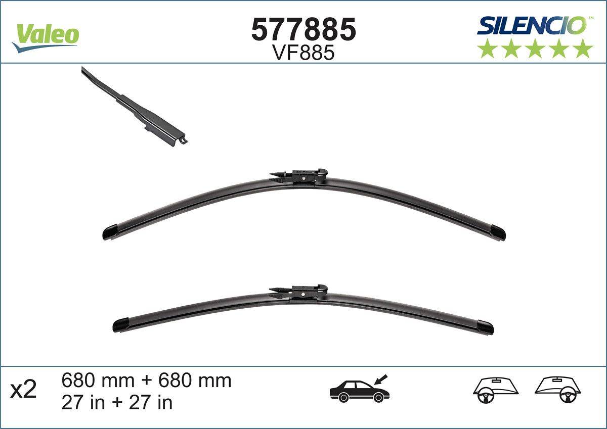 Scheibenwischerblätter Modell 577885 VF885 dargestellt, ein Paar in 380 mm + 680 mm Größen, geeignet für Autos. Markenlogo oben rechts.