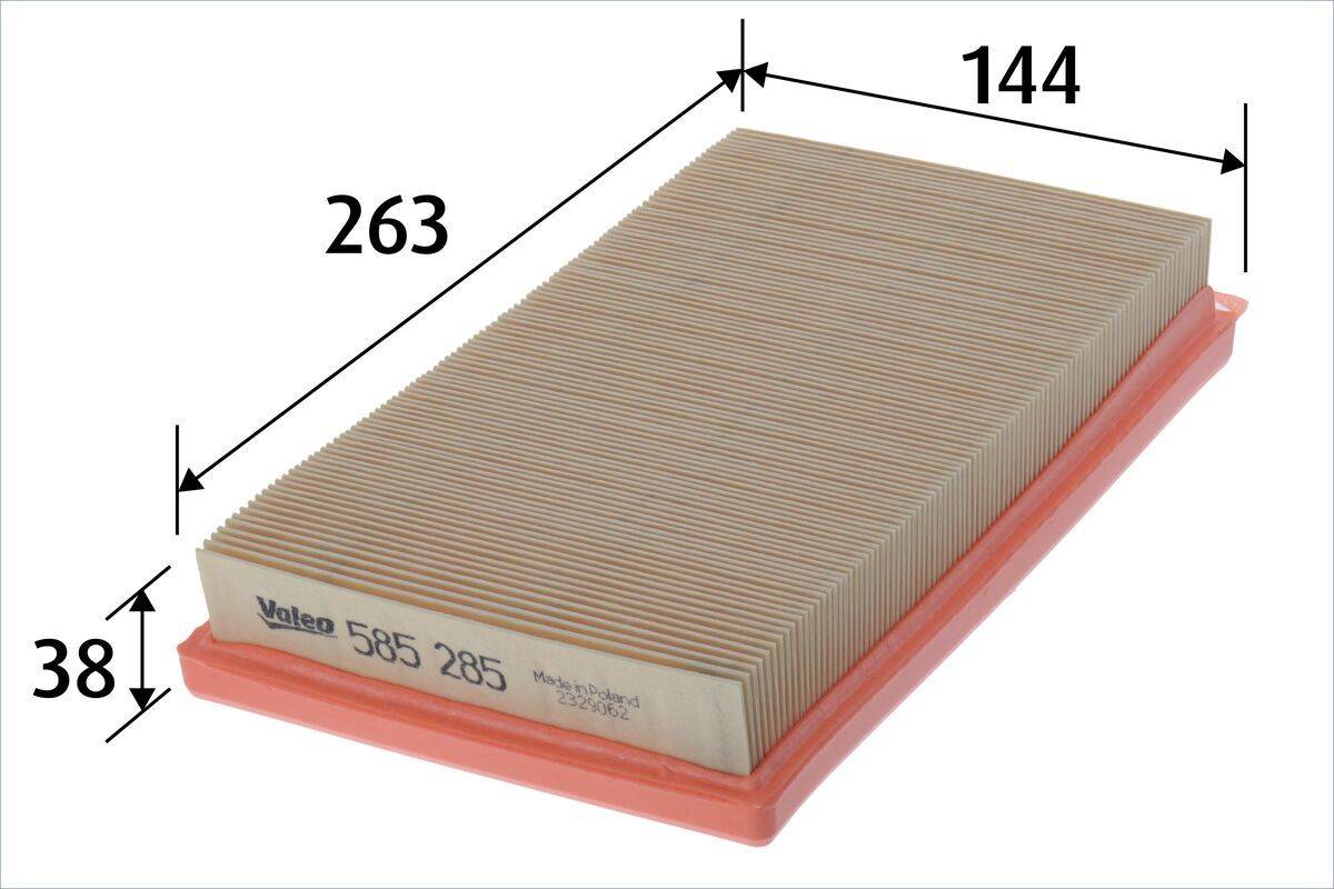 Rechteckiger Luftfilter mit orangefarbener Basis, beschriftet mit 'Valeo 585 285, Made in U.K', Abmessungen angegeben als 263 mm x 144 mm.
