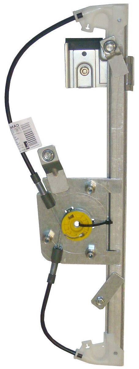 Eine mechanische Komponente mit Metallrahmen, einem kreisförmigen gelben Einstellrädchen und angeschlossenen Kabeln, wahrscheinlich Teil eines größeren Montagsystems.