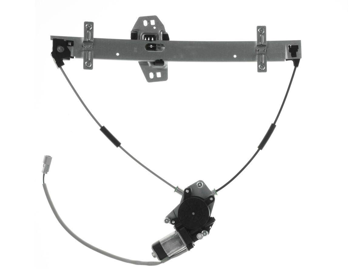 Eine Fensterheber-Baugruppe mit Motoreinheit, die die Metallschiene, Kabel und Motoreinheit zeigt.
