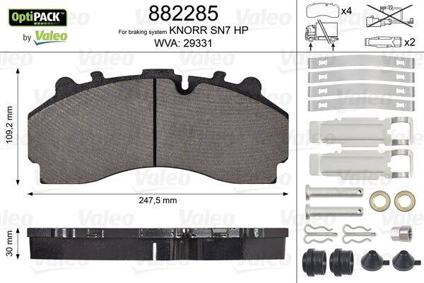 Valeo Bremsbelag 882285 für KNORR SN7 HP, WVA: 29331. Beinhaltet Abmessungen, Installationsset mit Schrauben, Federn und Befestigungselementen.