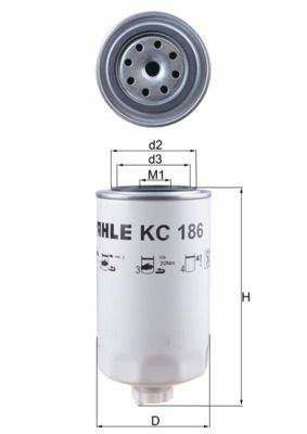 Mahle KC 186 Kraftstofffilterdiagramm mit Abmessungen: M1, M2, d1, d2. Beinhaltet eine Draufsicht mit Einlass-/Auslasslöchern.