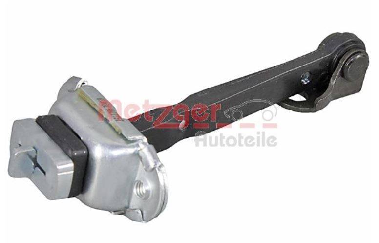Autotür-Scharniergurt mit metallischem Gelenk und schwarzem Arm, im Hintergrund mit 'Metzger Autoteile' beschriftet.