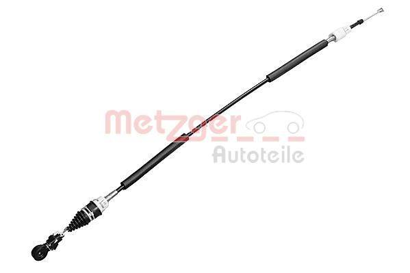 Ein schwarzes Automotive-Steuerkabel mit Metallverbindern an beiden Enden, vor einem einfarbigen Hintergrund.