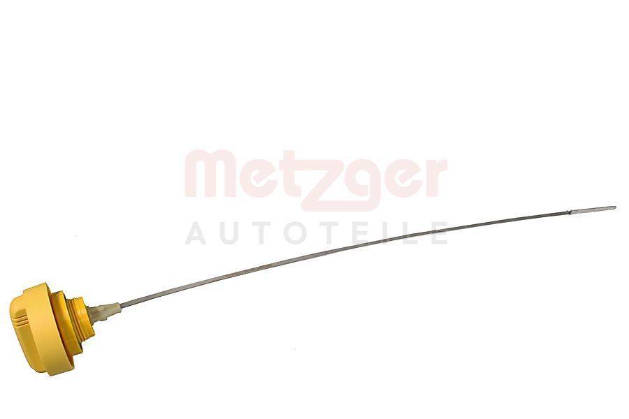 Ein metallisches Automobilkabel mit einem beigen Griff wird vor einem weißen Hintergrund gezeigt, mit der Markenbezeichnung 'Metzger Autoteile' in verblasstem Text.