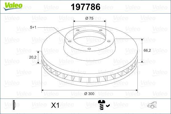Bremsscheiben-Diagramm mit Maßen: Ø75, 20,2, Ø300. Artikelnummer 197786. Enthält 1 Scheibe und Schraube.