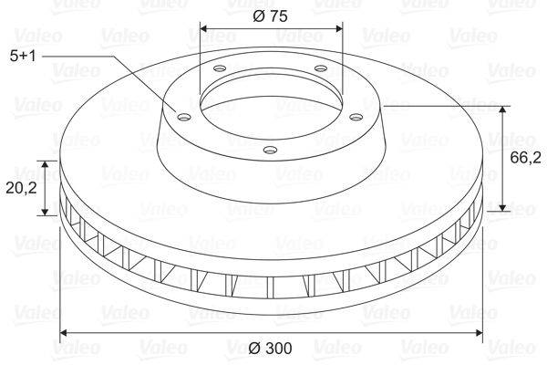 Technische Zeichnung einer runden Bremsscheibe, die einen Durchmesser von 300 mm mit einem zentralen Loch von 75 mm zeigt, beschriftet mit 'Ø 75'.