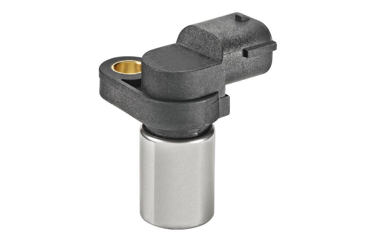 Eine Nahaufnahme eines Kurbelwellen-Positionssensors mit einem schwarzen Plastikstecker oben und einer zylindrischen Metallbasis, der in Motoren verwendet wird.
