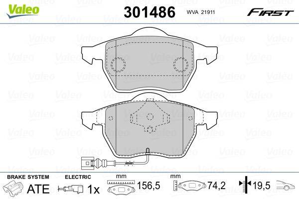 Darstellung eines Bremsbelags mit Abmessungen: 156,5 mm Breite, 74,2 mm Höhe. Teilenummer '301486', inklusive Elektrischer Sensor.