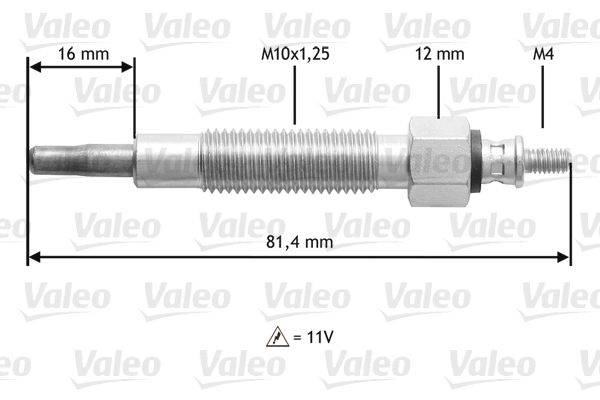 Valeo Glühkerzenillustration: 81,4 mm lang, Gewindegröße M10x1,25, 12 mm Mutter, funktioniert bei 11V.