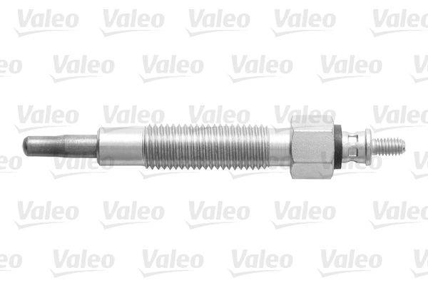 Eine Metallautomobilkomponente, die einem gerillten Kabel mit einem zylindrischen Anschluss an einem Ende ähnelt, vor einem Hintergrund mit 'Valeo'-Logos.