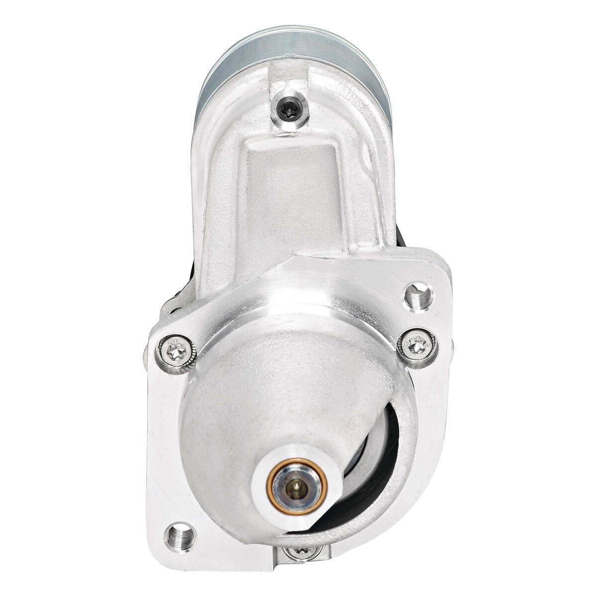 Eine Frontansicht einer mechanischen Komponente, möglicherweise ein Zahnradmechanismus oder ein Motorbestandteil, mit einem kreisförmigen zentralen Element und einem metallfarbenen Gehäuse.