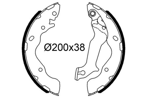 Diagramm eines Bremsbackens mit angegebener Größe als 'Ø200x38'. Die Abbildung zeigt zwei halbkreisförmige Komponenten mit mehreren Löchern und Kurven.