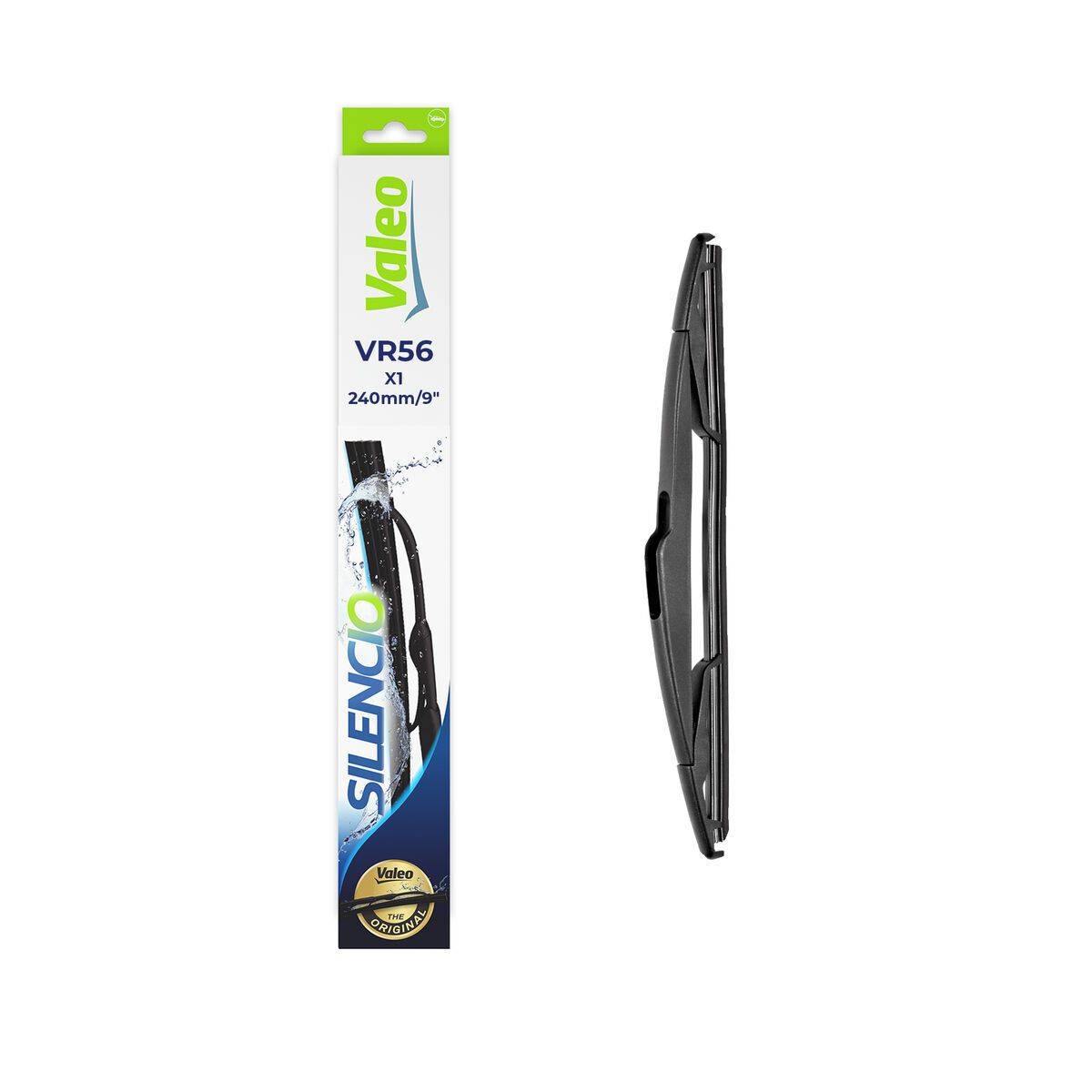 Valeo VR56 Silent Scheibenwischer, 240 mm, 9 Zoll, Ultraschall-Technologie' Verpackung und freistehender schwarzer Scheibenwischer.