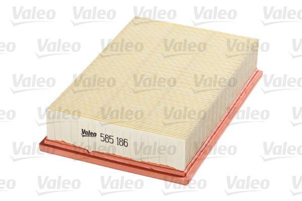 Ein rechteckiger Luftfilter mit Faltendesign, ausgestattet mit einem roten Gummirand und versehen mit der Markenbezeichnung und Nummer 'Valeo 585 186'.