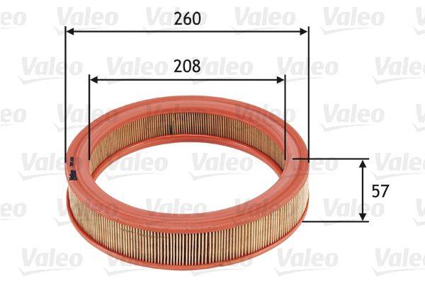 Ein runder Luftfilter mit roten Kanten und beigen Falten wird gezeigt. Außendurchmesser beträgt 260 mm, Innendurchmesser 208 mm. Markiert mit 'Valeo'.