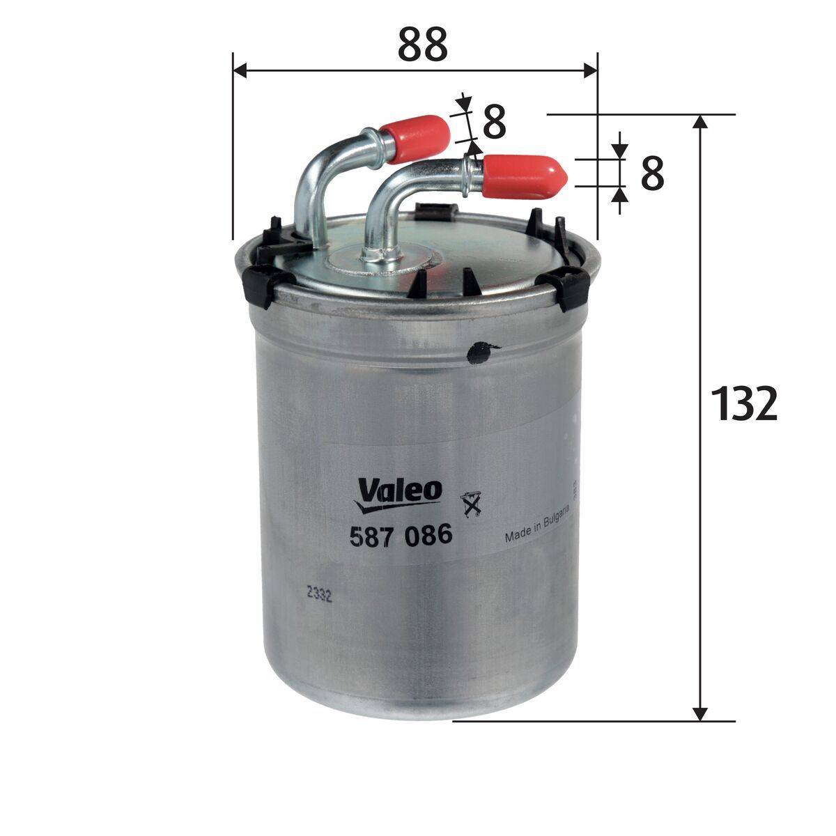 Kraftstofffilter mit roten Verschlussdeckeln oben. Angegebene Abmessungen sind 132 mm Höhe, 88 mm Breite, mit 8 mm Rohrstärke. Modell: Valeo 587 086.