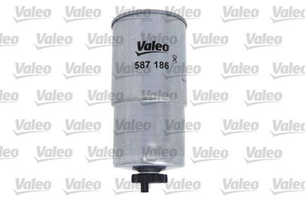 Ein metallischer zylindrischer Valeo-Kraftstofffilter mit der Produktnummer '587 186', der in Automotoren zur Filterung von Ablagerungen verwendet wird.