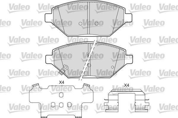 Diagramm, das Vorder- und Seitenansichten von Bremsbelägen für Kraftfahrzeuge mit Abmessungen und 'Valeo' Branding im Hintergrund zeigt.