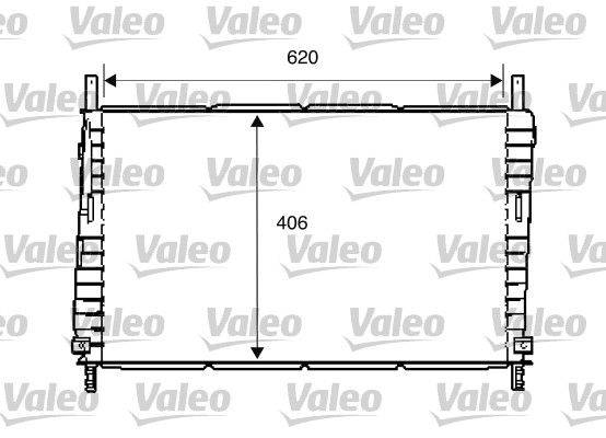 Valeo' Kühlerdiagramm, Abmessungen 620 mm breit x 406 mm hoch, mit technischen Details in schematischer Darstellung.