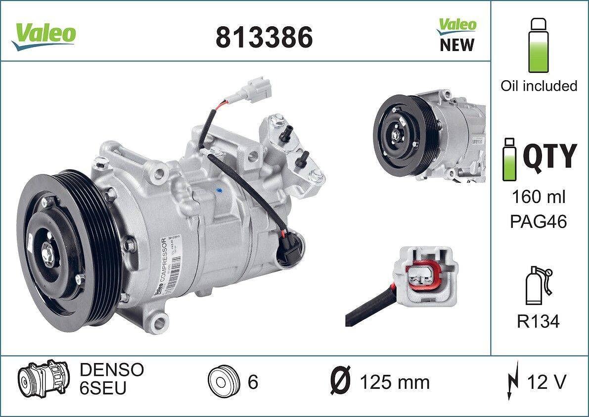 Das Bild zeigt einen Valeo Autokompressor mit der Modellnummer 813386 mit einer Riemenscheibe. Das linke Diagramm offenbart die interne Verdrahtung des Kompressors.