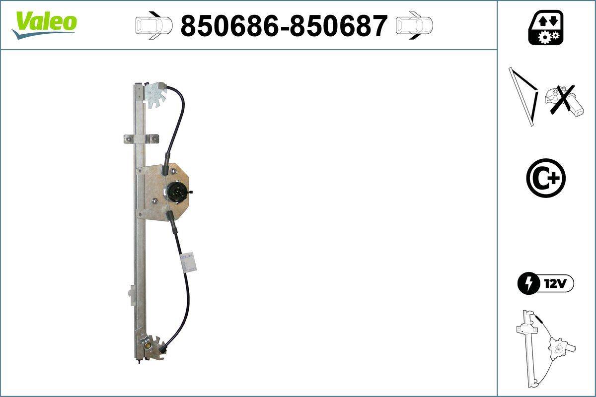 Autofensterhebereinheit, bestehend aus einem Metallrahmen und Motor, vor einem weißen Hintergrund präsentiert, mit Teilenummer '850686-850687' darüber angezeigt.