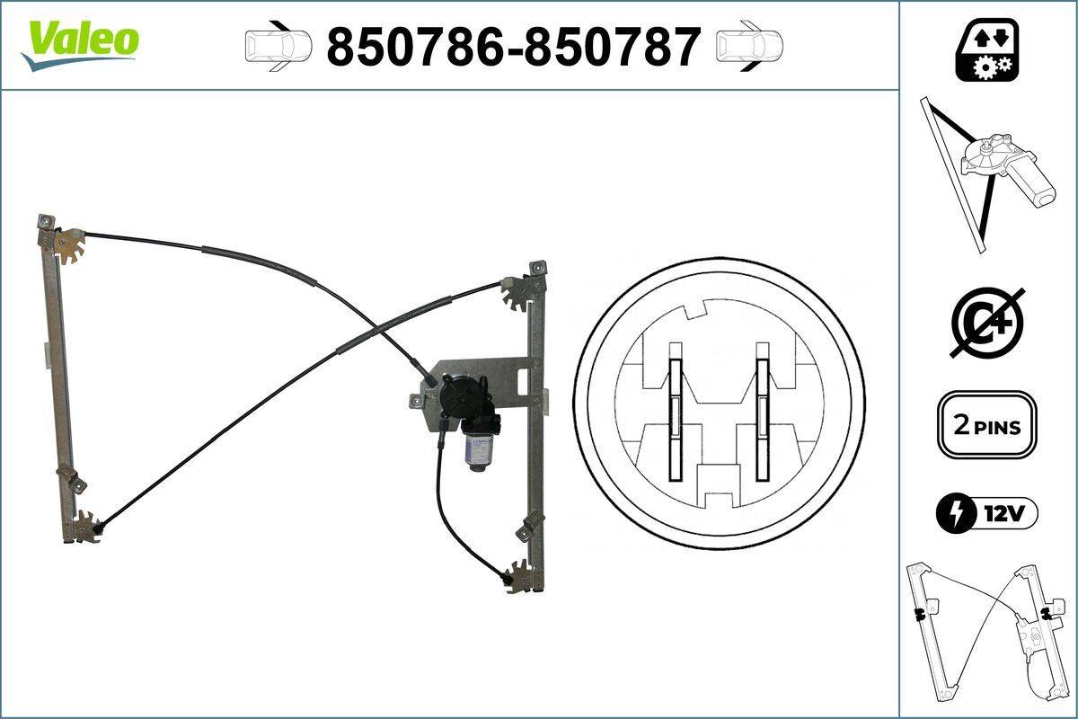 Autofensterhebereinheit mit Motor und Verkabelung. Diagramm zeigt Zahnradmechanismus. Teilenummer '850786-850787' darüber angezeigt.