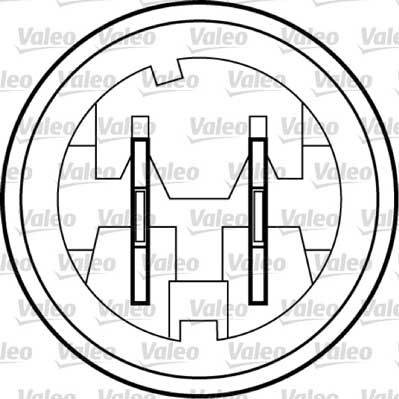 Eine kreisförmige Grafik mit zwei vertikalen Linien und geometrischen Formen im Inneren, möglicherweise ein Verbinder oder eine elektrische Komponente darstellend, überlagert mit ‚Valeo'-Logos.