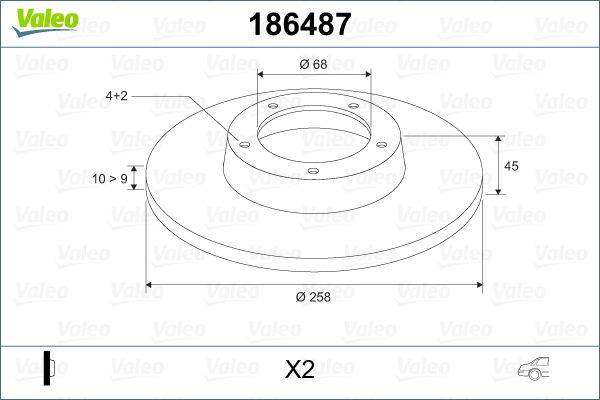 Technische Zeichnung eines kreisförmigen mechanischen Bauteils mit Maßen: 'Ø 68', 'Ø 258' und '4+2'. Text '186487' und 'X2' darüber und darunter.