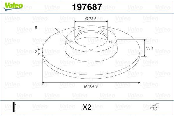 Zeichnung einer runden Bremsscheibe mit Bezeichnung '197687'. Abmessungen: Außendurchmesser 304,9 mm, Innendurchmesser 72,5 mm, Dicke 12 mm, Höhe 5 mm.