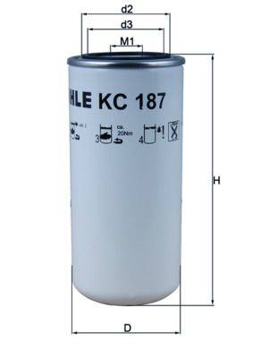 Ein zylindrischer Filter mit der Bezeichnung 'KC 187', versehen mit technischen Spezifikationen an der Seite, einschließlich Installationsanweisungen und Symbolen.
