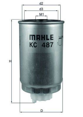Ein silberner Kraftstofffilter mit der Beschriftung "MAHLE KC 487"" wird mit vertikalen Maßlinien zur Höhenbestimmung dargestellt.