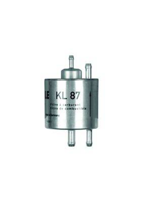 Ein Kraftstofffilter aus Metall, mit der Bezeichnung 'KL 87', mit drei Anschlüssen. Der Text 'Filtre à carburant' und 'Filtre de combustible' ist sichtbar.