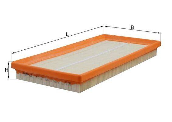 Rechteckiger Luftfilter mit orangefarbenem Rahmen, hervorgehobene Dimensionen L und B, der seine Größe und Struktur veranschaulicht.