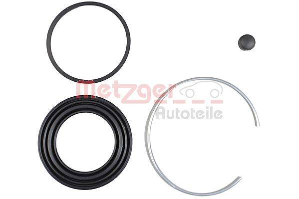 Metzger Autoteile Bremssattel-Reparatursatz Komponenten einschließlich Dichtungen und eines Metallrings.