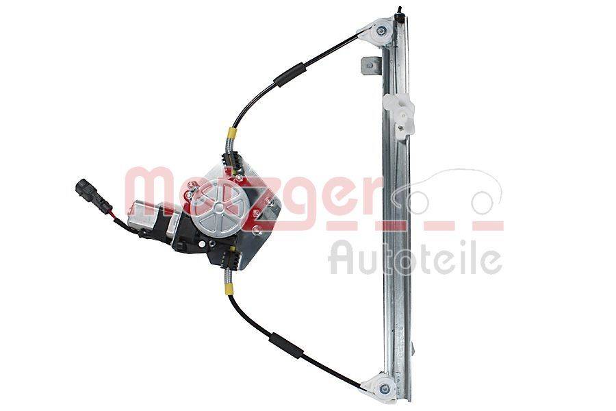 Ein Fensterheber-System mit Motor und Kabeln wird vor einem weißen Hintergrund dargestellt, der in Kraftfahrzeugen Verwendung findet.