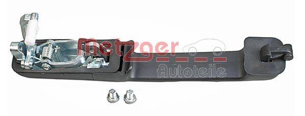 Ein schwarzer Autotürgriff mit dem Logo 'Metzger' im Hintergrund, inklusive zwei Befestigungsschrauben für die Installation.