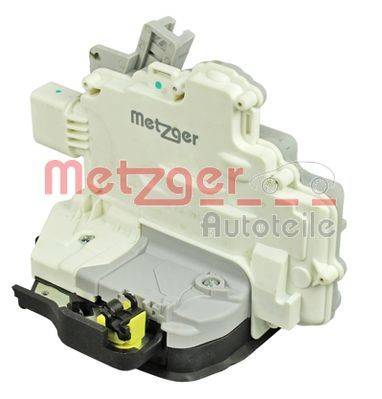 Türschlossstellglied mit 'Metzger' Markenlogo, ausgestattet mit weißem Gehäuse und sichtbaren Schlossmechanismusteilen, wahrscheinlich für den Fahrzeugeinbau konzipiert.