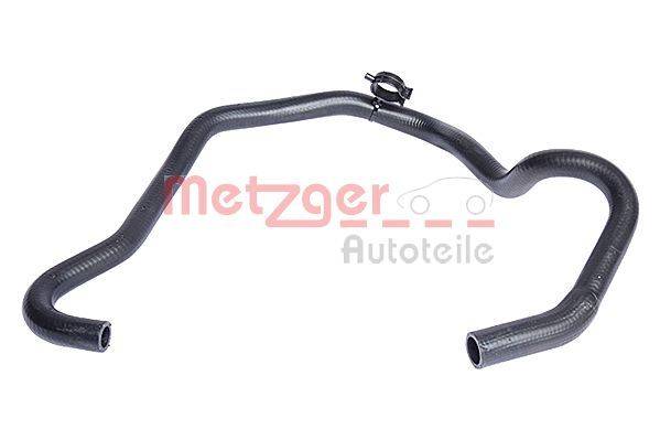 Ein schlangenförmiger schwarzer Schlauch mit einer Metallklemme, versehen mit dem 'Metzger Autoteile' Logo in roter Schrift und einem Autoumriss.