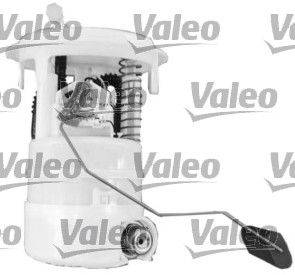 Eine Kraftstoffpumpeneinheit mit Federn und Verbindungskomponenten ist abgebildet. Der Hintergrund zeigt sich wiederholende 'Valeo' Logos.