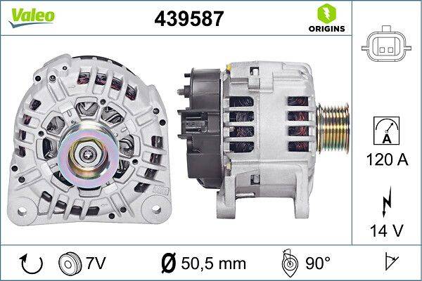 Alternator 439587' Bild mit Vorder- und Seitenansicht und Origins-Logo, 7V, 50,5 mm, 90° angegeben.