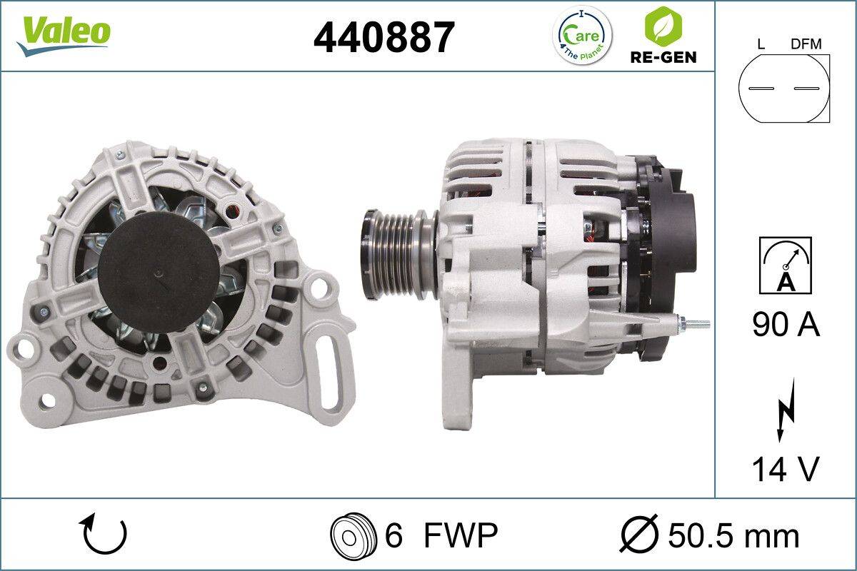 Frontansicht eines Autoalternators, gekennzeichnet mit '440887', zeigt 6 FWP und eine Dimension von 50.2, mit Eco- und RE-GEN-Zertifizierungen.